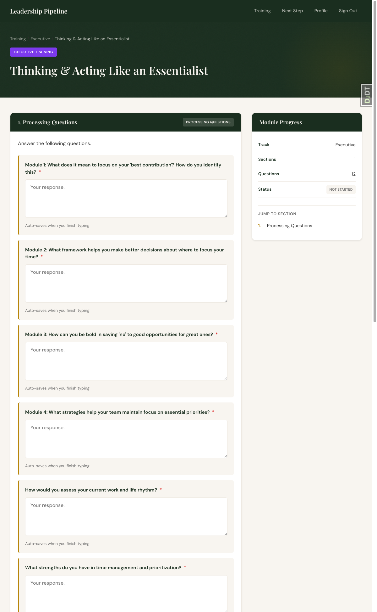 Training module with reflection questions and progress sidebar